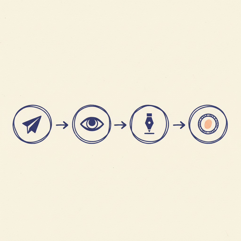 A flow of four icons in a row: a paper plane, an eye, a pen, and a coin, joined by arrows. The coin step uses a peach accent to highlight the payment completion
