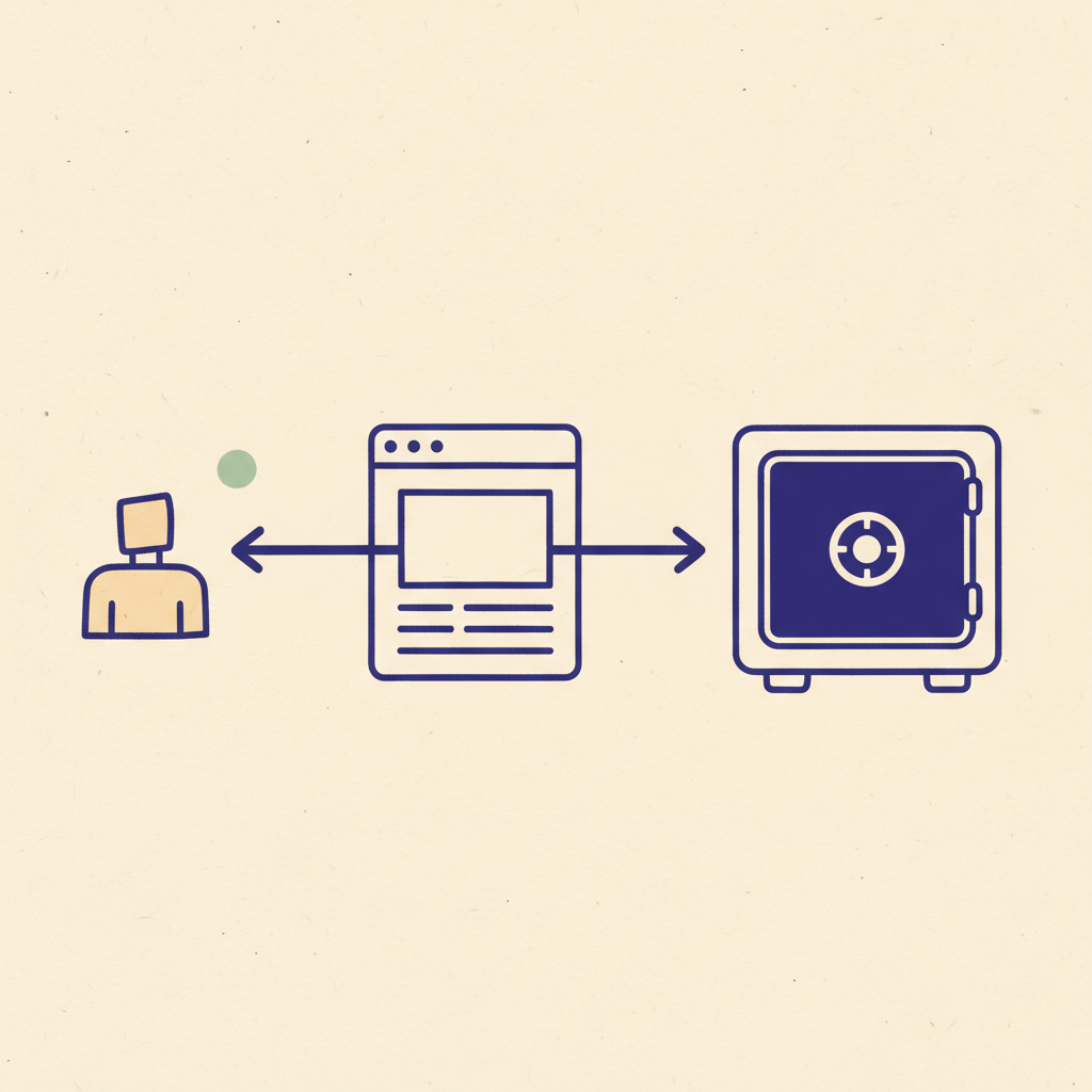 A stylized arrow path from a small client shape on the left, through a transparent platform outline in the middle, to an indigo-filled bank vault on the right, emphasizing that the platform never holds the funds