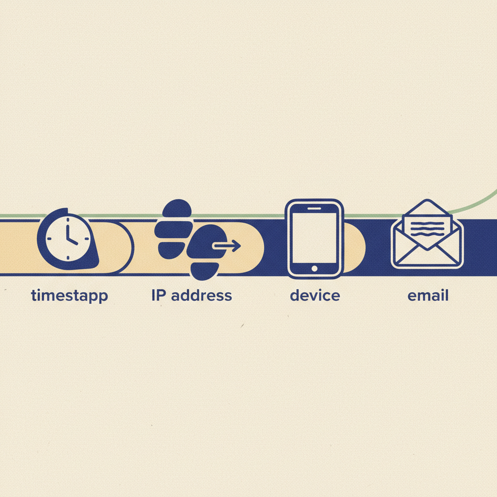 A horizontal timeline ribbon with abstract markers for timestamp, IP address, device, and email, illustrating the audit trail data points