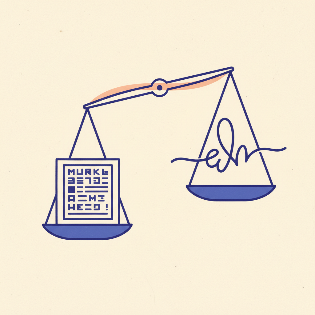 A balanced scale weighing a typed signature on one side against a handwritten signature on the other, hanging at equal height to show legal equivalence