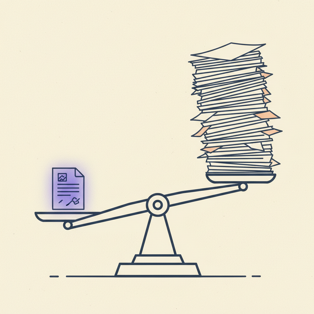A balance scale showing a short clean proposal outweighing an overstuffed personalised one.